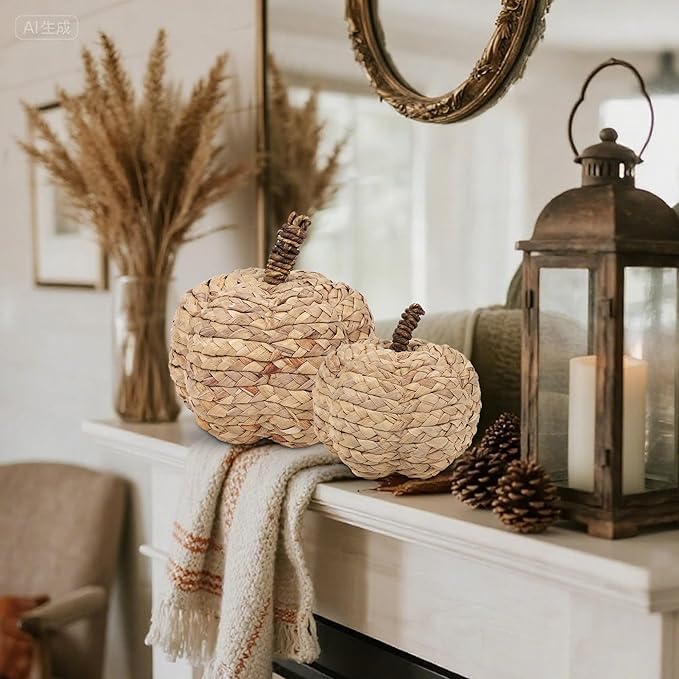 winemana 2 Pack Pumpkin Fall Decor Thanksgiving Decorative Pumpkins for Home Woven Cattail Figurines Farmhouse Autumn Decorations Fall Centerpieces for Table Porch Mantel Indoor (Beige)