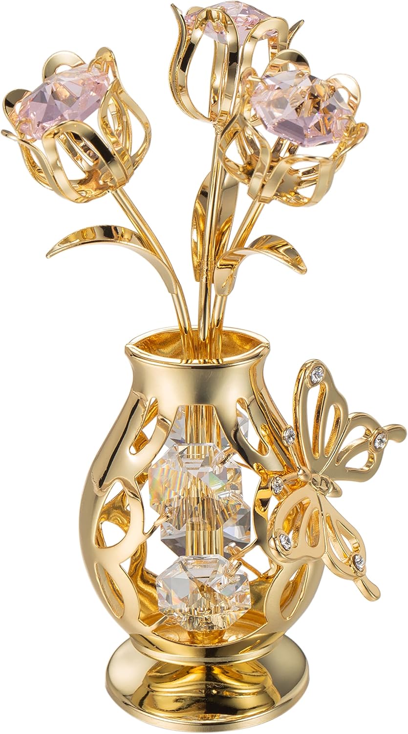 Matashi 24K Gold Plated Crystal Studded Flower Ornament in a Vase w/Decorative Butterfly (Pink Crystals) – Elegant Tabletop Showpiece, Home Decor Gift for Her, Mom, Grandma – Mothers Day, Christmas