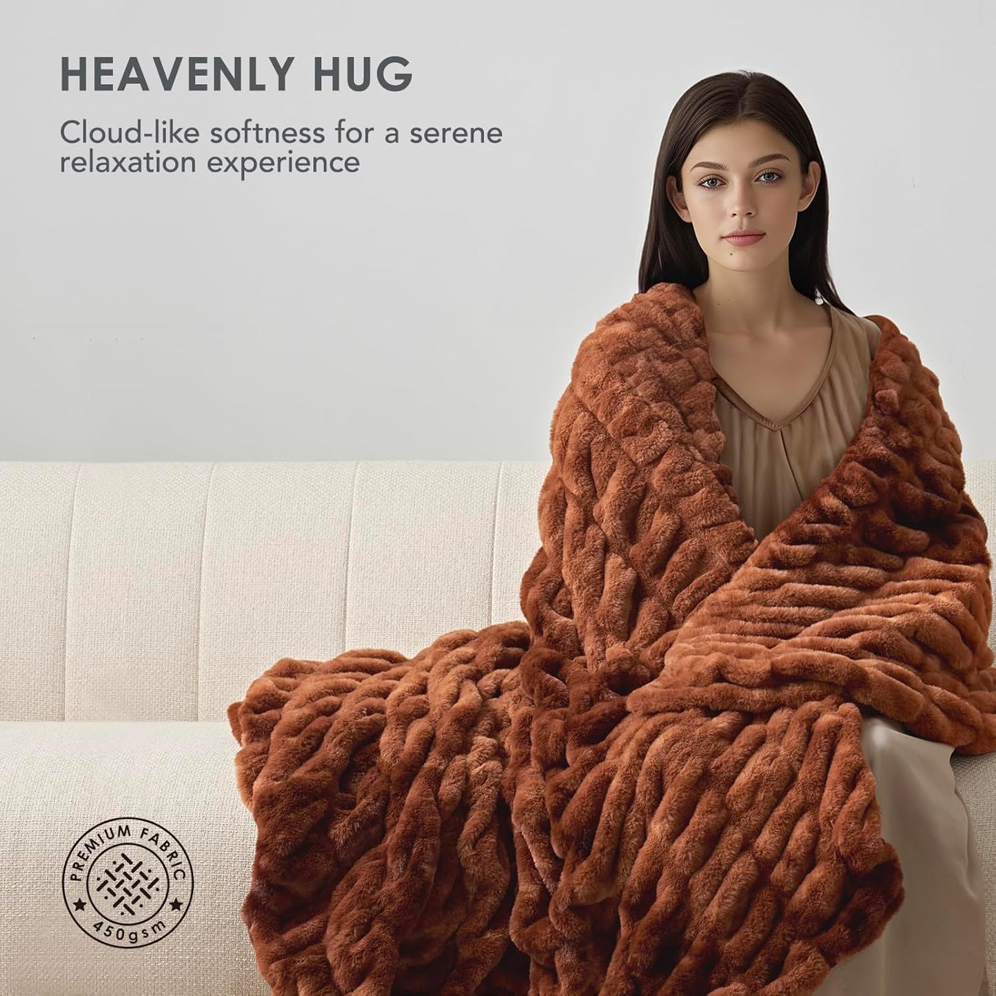 EVERGRACE Luxurious Soft Faux Rabbit Fur Throw Blanket, Cozy Fuzzy Plush Warm Throws for Couch Bed Sofa Chair Home Decor, Ruched Bubble Fluffy Blanket with Reversible Velvet, 50" x 60", Clay