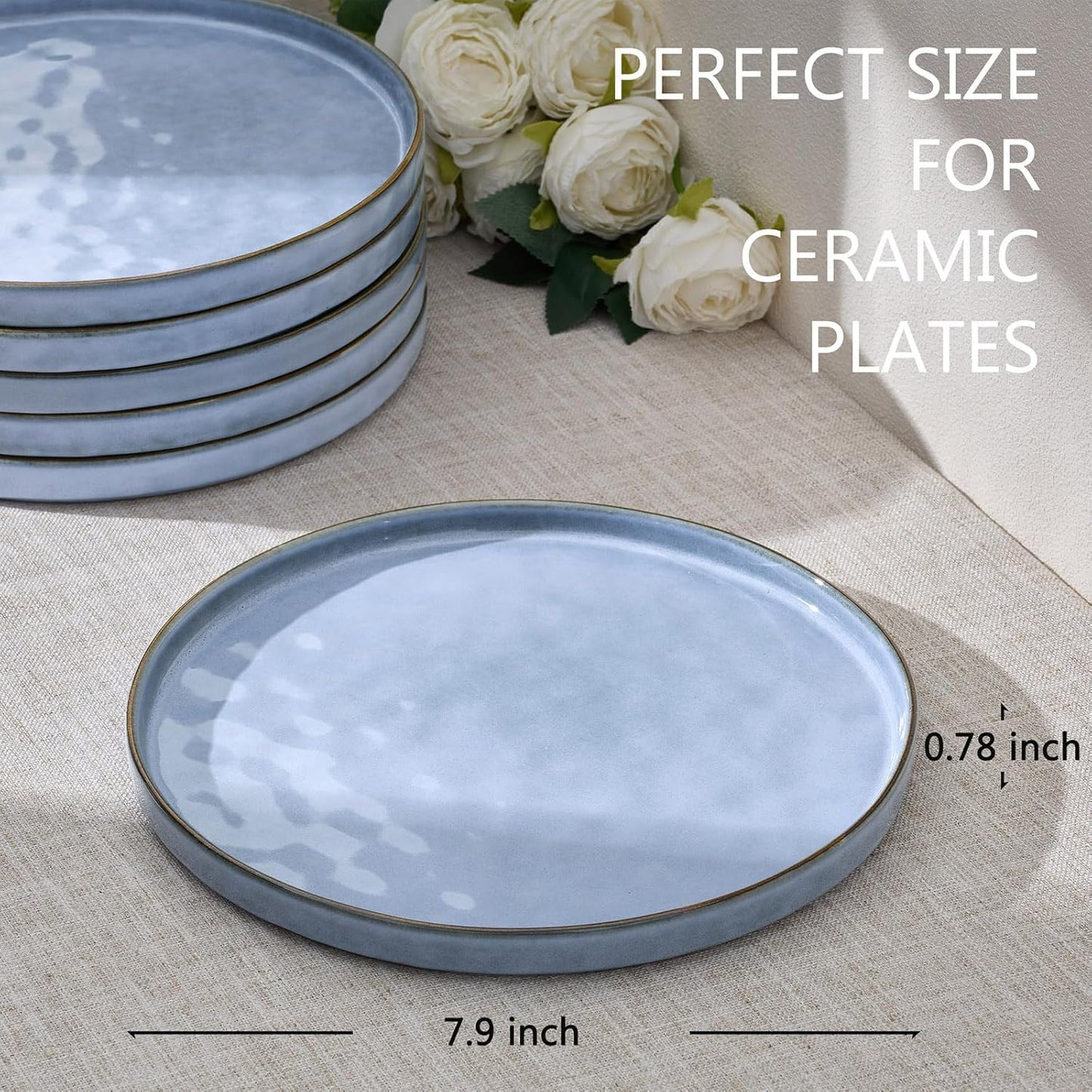 LIANYU Ceramic Dinner Plates Set for 4, 7.9In Porcelain Kitchen Salad Dessert Serving Dishes Set, Modern Round Stoneware Dinnerware Appetizer Plates, Scratch Resistant & Microwavable, Serenity Blue