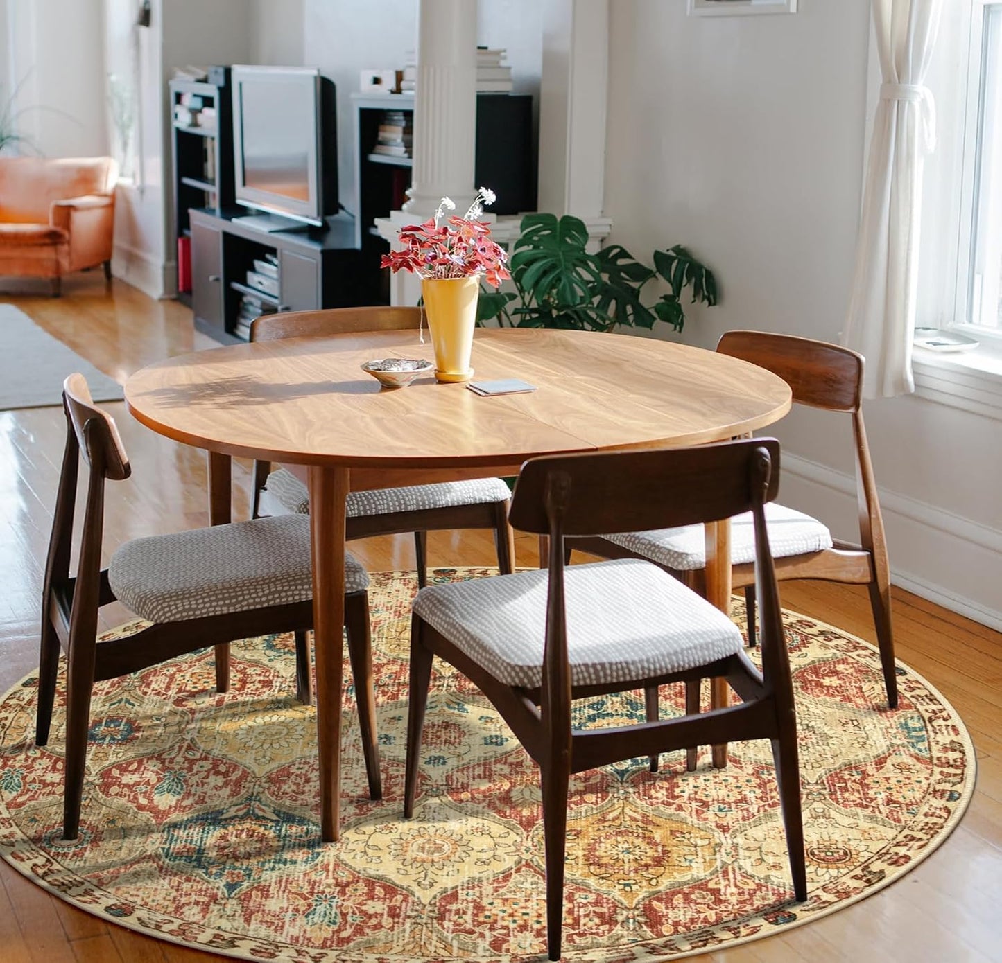 Lahome Moroccan Trellis Washable Round Area Rug, Soft Round Rugs 6ft Ultra-Thin Non-Slip, Vintage Large Circle Carpet for Bedroom Living Room Kitchen Nursery, Red/Orange