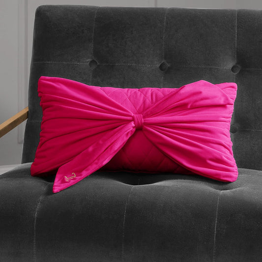 Juicy Couture Rectangle 1-Piece Decorative Accent, Premium Reversible Throw Pillow, Living Room and Bedroom Décor, 10"x18", Velvet Bow-Hot Pink