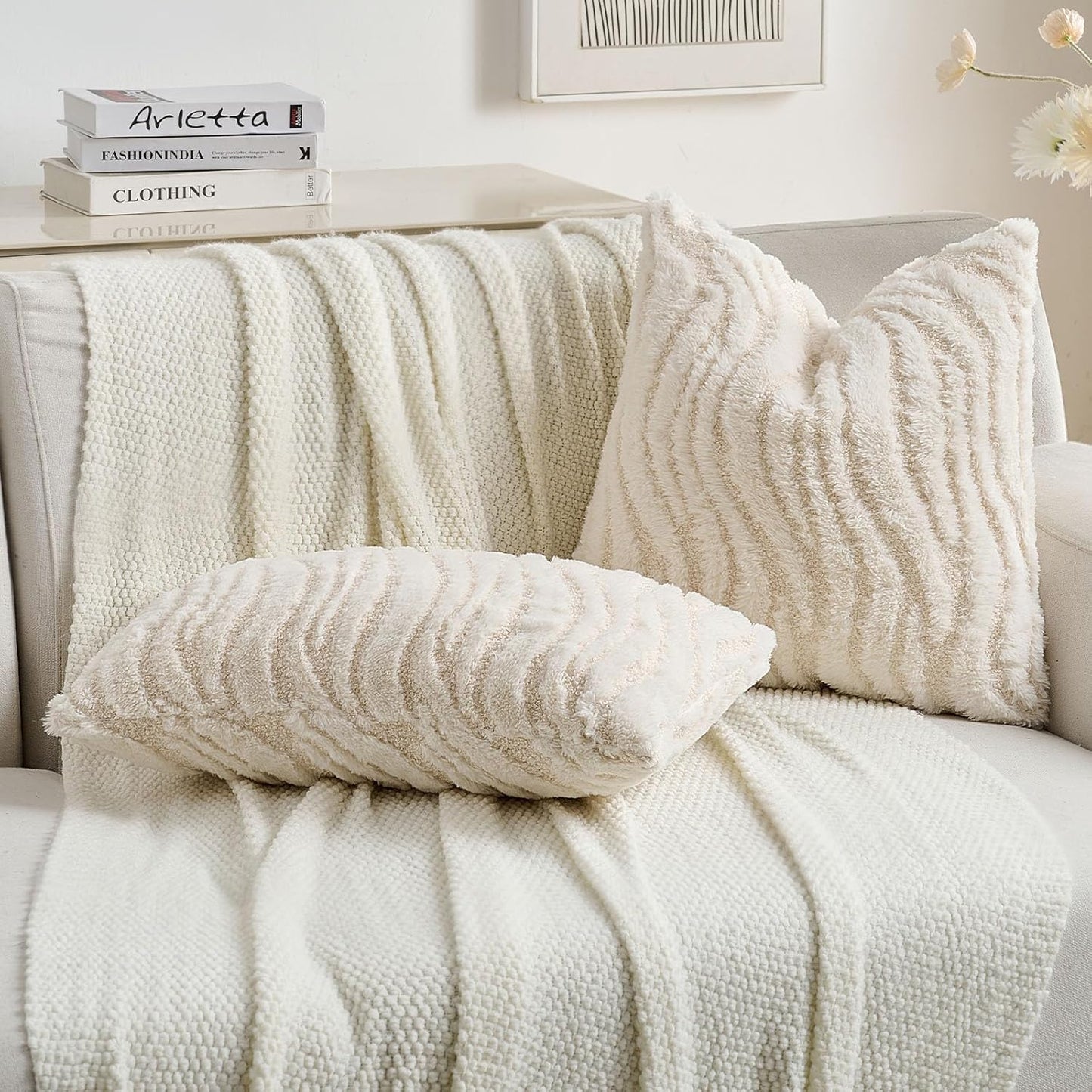 FUTEI Cream Decorative Throw Pillow Covers 24x24 Inch Set of 2,Soft Faux Fur Geometric Shapes Texture European Cushion Case,Boho Home Decor for Couch Bed Living Room