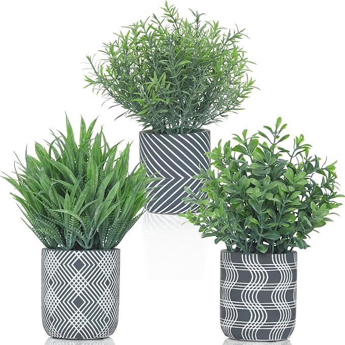3 Pack Small Fake Plants, Fake Grass Plant, Artificial Boxwood & Rosemary with Geometric Pattern Cement Pots, Small Potted Faux Greenery for Home Decor, Bathroom, Office, Farmhouse Decoration