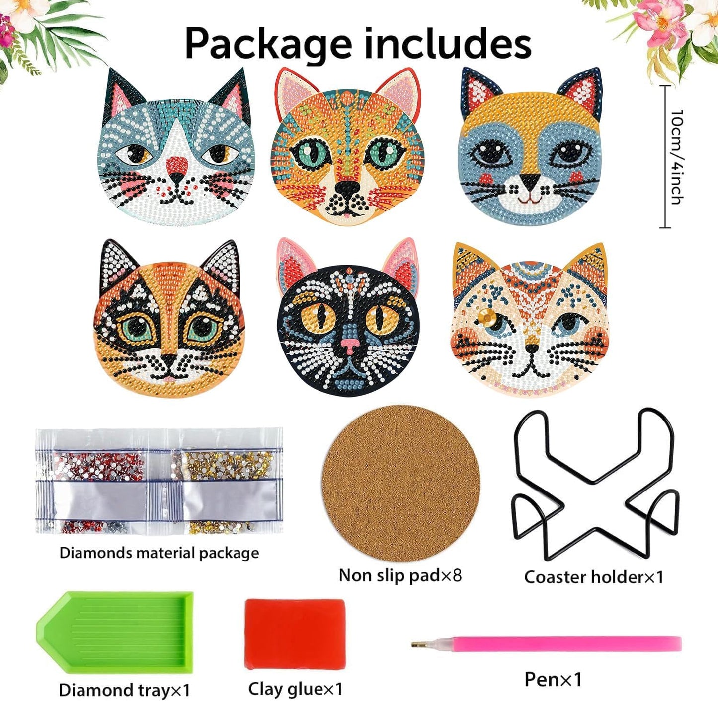 Meothan 6 Pcs Diamond Art Coasters Kits for Adults with Holder Cork Pads, Cats Diamond Dots Art Painting Coasters Crafts Kit for Home Office Decor Gifts (Cat Head Shaped)