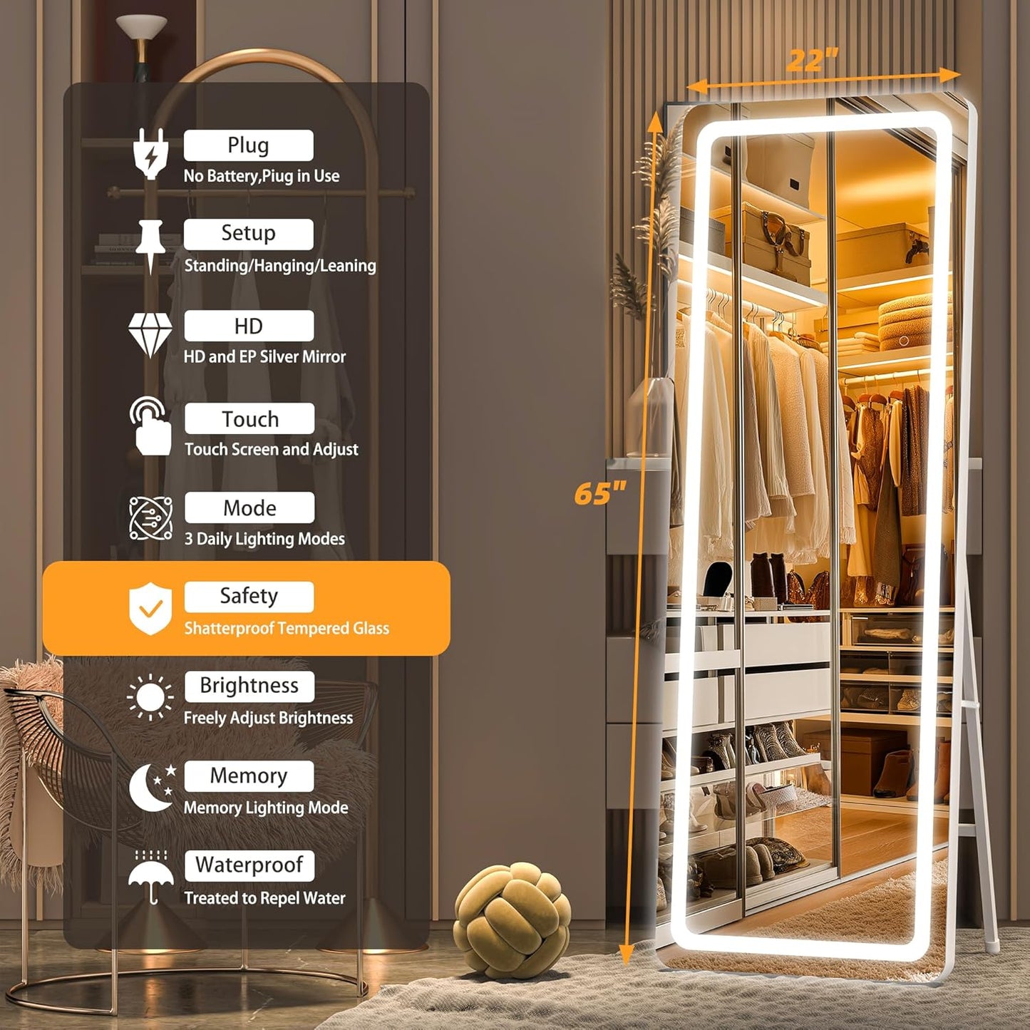 Hasipu Full Length Mirror with Lights, 65" x 22" LED Floor Mirror, Full Body Dressing Standing, Hanging Mounted Mirror for Living Room Bedroom Cloakroom, Round White