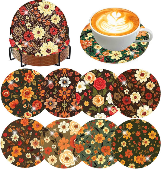 Meothan 8 Pcs Flowers Diamond Art Coasters Kits for Adults with Holder Cork Pads, Floral Diamond Dots Art Painting Coasters Crafts Kit for Home Office Decor (4x4in)