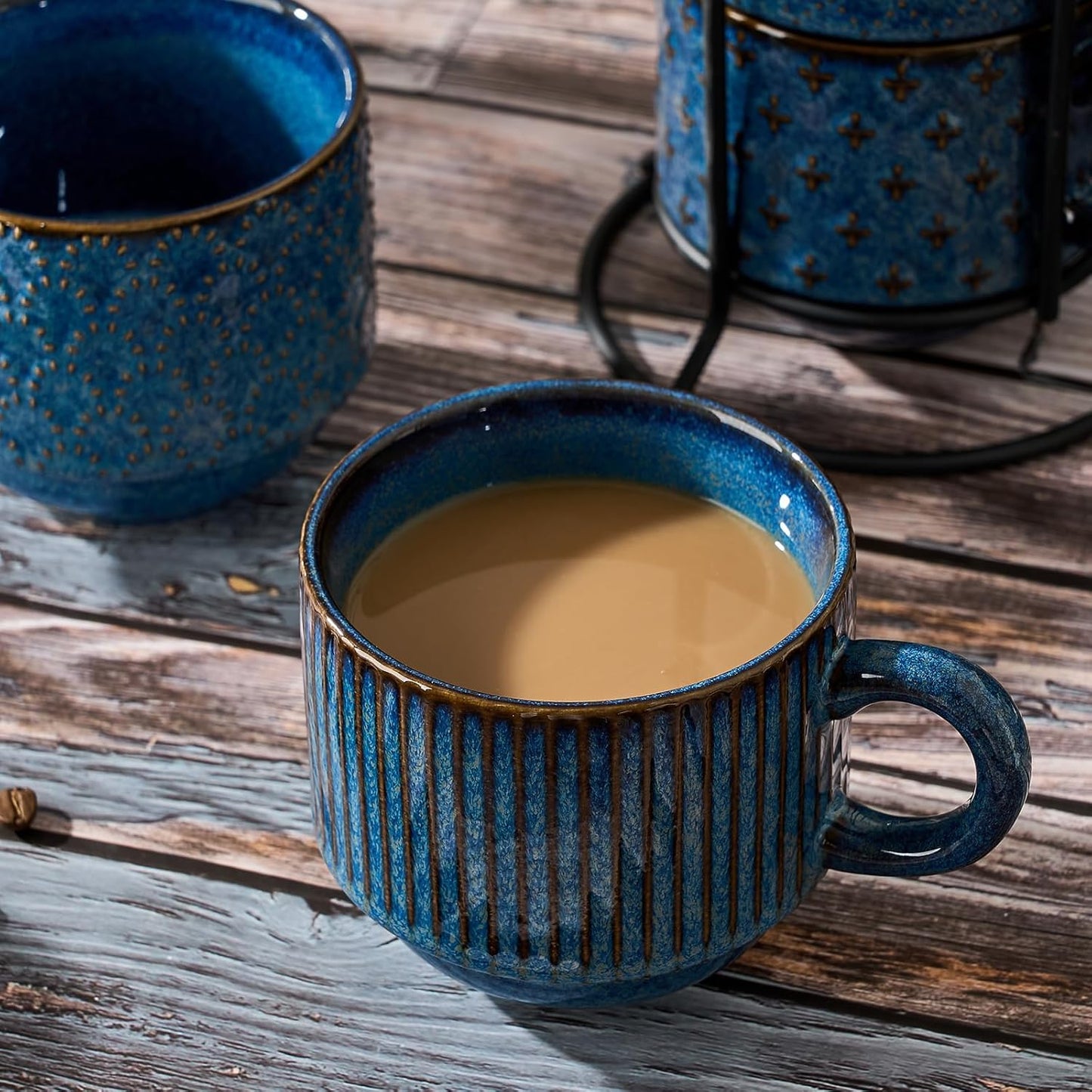 Large Ceramic Coffee Mug Set of 4 with Stand, 15 Oz Stackable Different Embossment Ribbed Latte Cup Set for Cappuccino, Tea, Hot Cocoa, Drinks - Dishwasher & Microwave Safe, Blue