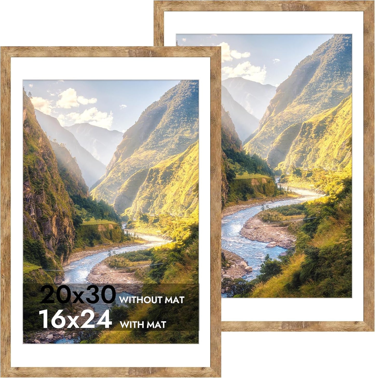 iRahmen 20x30 Poster Frame Set of 2 with Plexiglass, Wood Brown Rustic Picture Frames for Wall Mounting Display Picture 16x24 with Mat or 20 x 30 Without Mat