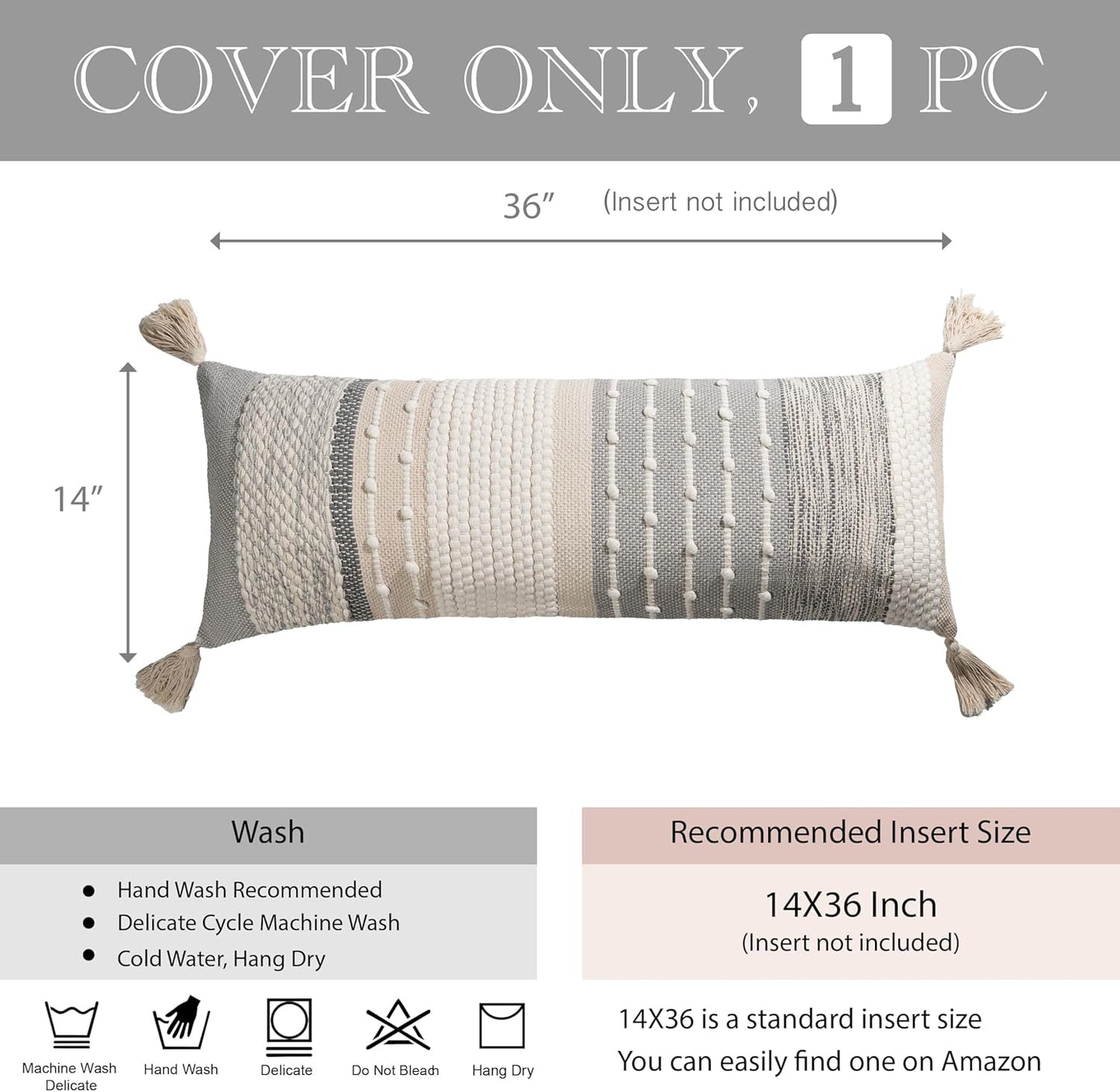 BlissBlush Gray Boho Lumbar Throw Pillow Cover 14x36 Grey Accent Long Body Lumbar Pillow for Bed Decorative Modern Bohemian Woven Textured Lumbar Pillow for Bed Cover ONLY