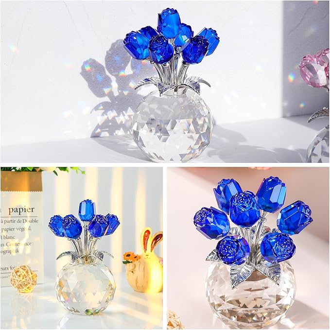 Ornalrist Crystal Rose Figurines Gifts for Wife Her, Romantic Presents for Women on Anniversary Valentine's Day Mother's Day Birthday Christmas, Glass Collectible Rose Floral Home Decor (Blue)