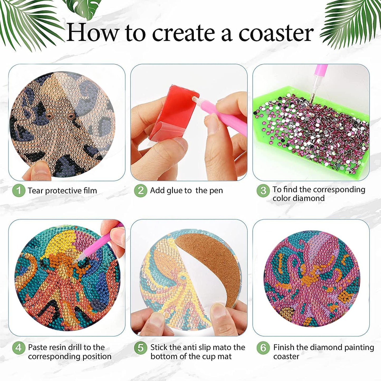 Leatrice Diamond Art Coasters Set of 6, Small Diamond Painting Kits for Adults Beginners, Cork Coaster for Drinks Gem Art Coasters with Holder Home Decor for Octopus