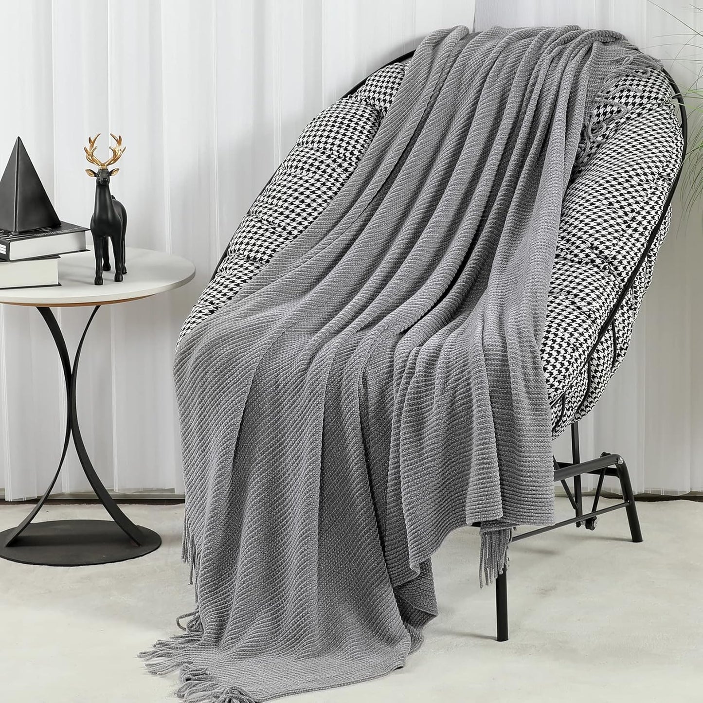 Blagic Grey Throw Blanket for Couch Soft Farmhouse Chenille Boho Throw Blanket with Tassels Home Decorative Lightweight Throw Blankets, Throws for Bed/Chair/Sofa, Stripe Textured (Light Grey,50"x60")