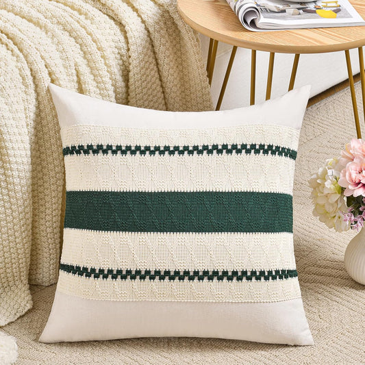 Fancy Homi Set of 1 Dark Green Boho Decorative Throw Pillow Covers 18x18 Inch for Couch Bed Sofa Bedroom Indoors, Modern Farmhouse Vintage Forest Green Living Room Decor