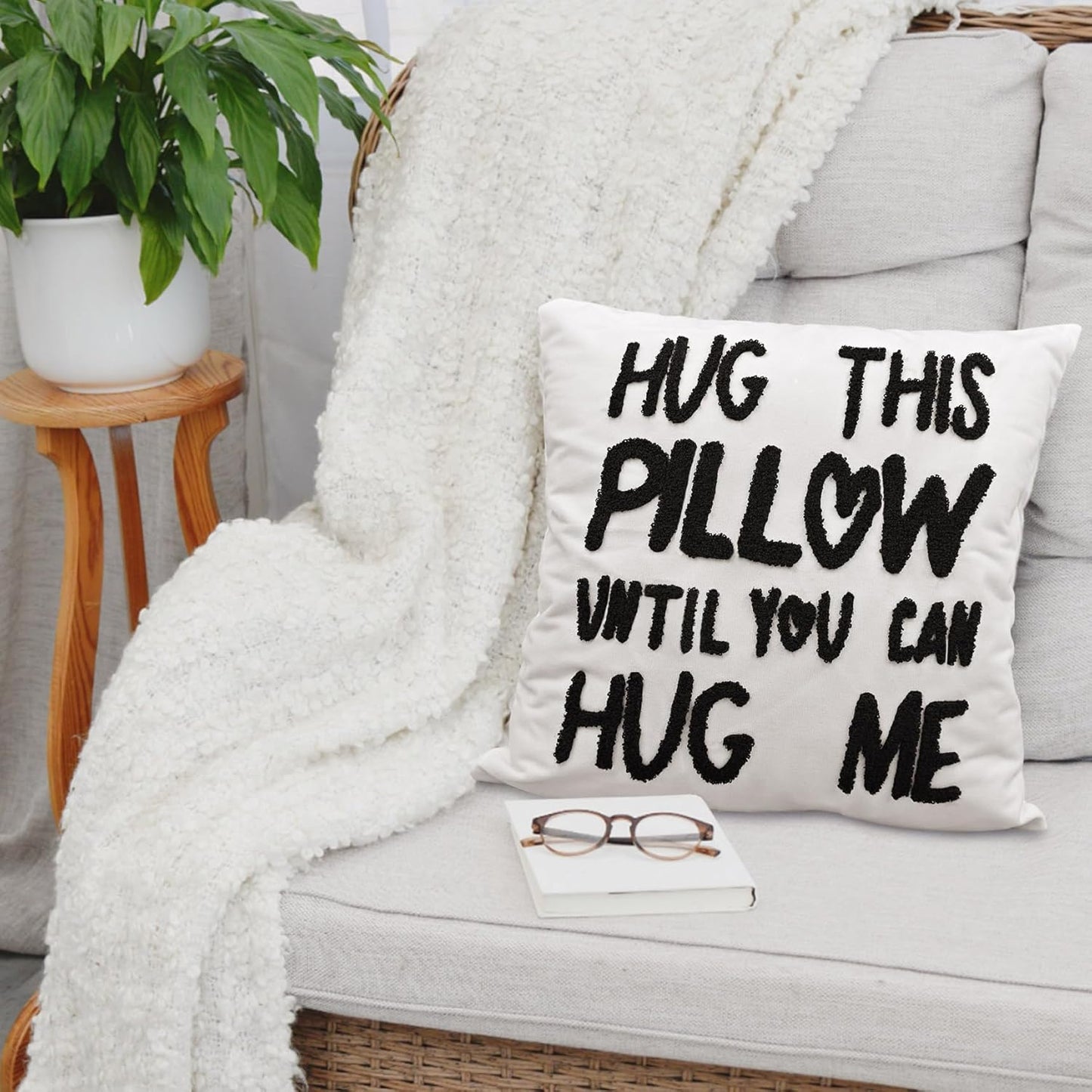 Hug This Pillow Until You Can Hug Me Throw Pillow Covers Decor for Home Bedroom, 18'' x 18'' Embroidery Pillow Case, Boyfriend Girlfriend Birthday Gifts，Long Distance Relationships Gifts (white)