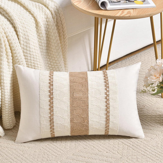 Fancy Homi Set of 1 Boho Neutral Lumbar Decorative Throw Pillow Cover 12x20 Inch for Couch Bed Sofa Chair, Modern Organic Farmhouse Home Decor, Soft Cotton Cute Accent Tan Rectangle Cushion Case