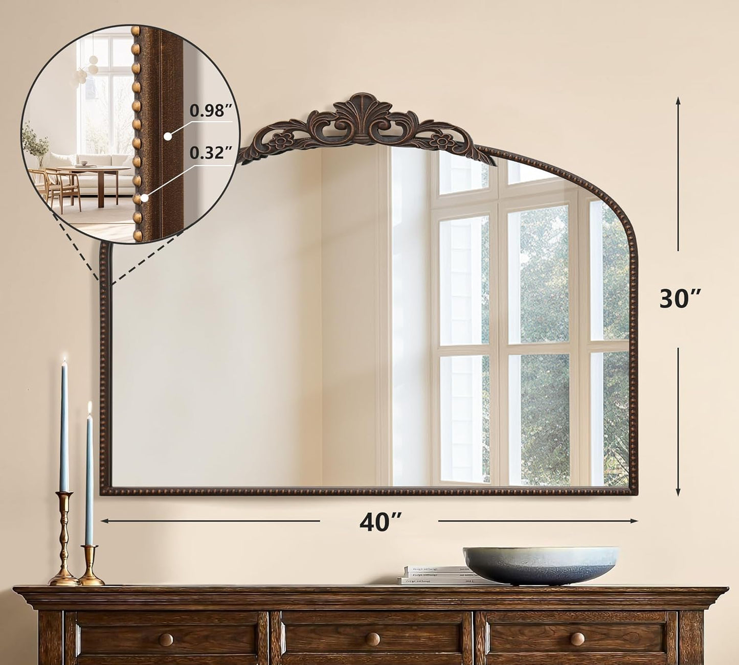 Micasso Large Bronze Vintage Mirror: 40"x 30" French Baroque Antique Mirror - Traditional Ornate Decorative Wall Mounted Arched Mirrors for Wall/Mantel/Entryway/Hallway - Home Decor for Living Room