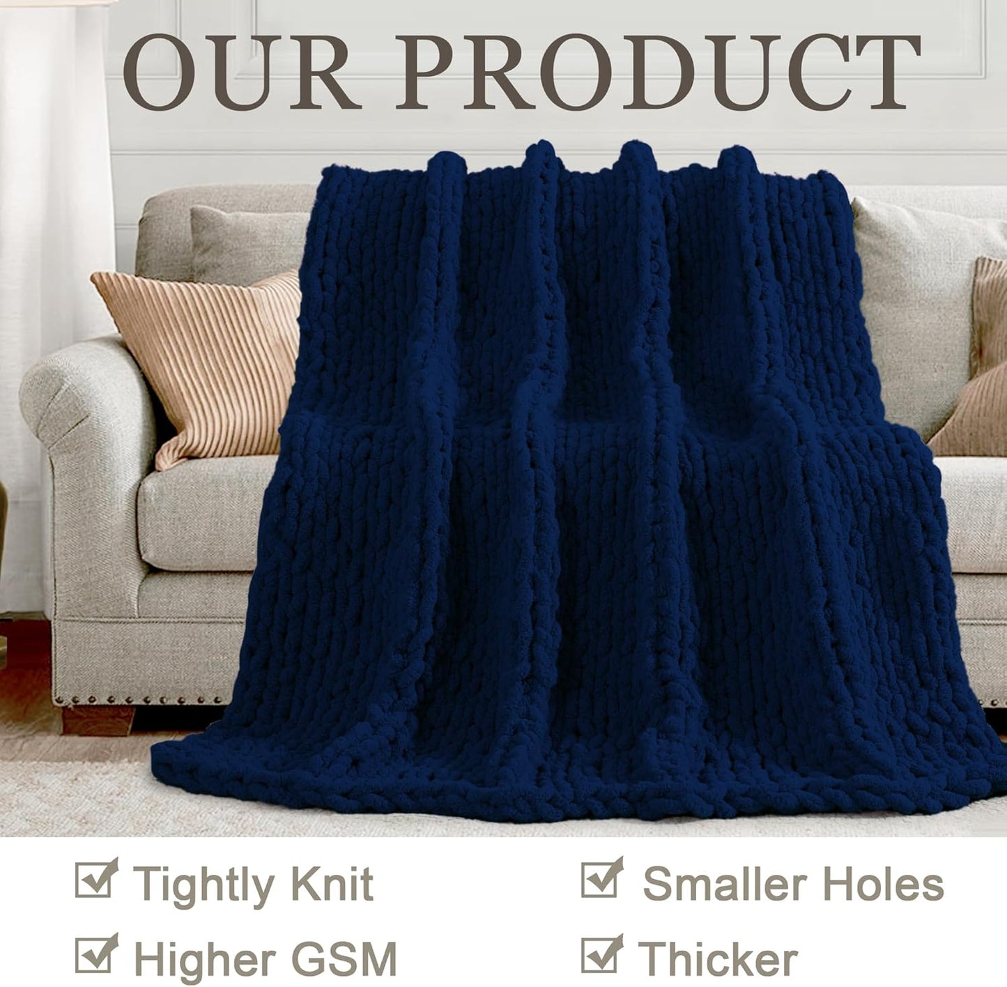 Chunky Knit Throw Blanket 60"X 80", 100% Handmade with Soft Chenille Yarn, 6.7lbs Thick Cable Knitted Blankets, Large Rope Knot Crochet Throws for Couch Sofa Bed Home Decor, Navy Blue