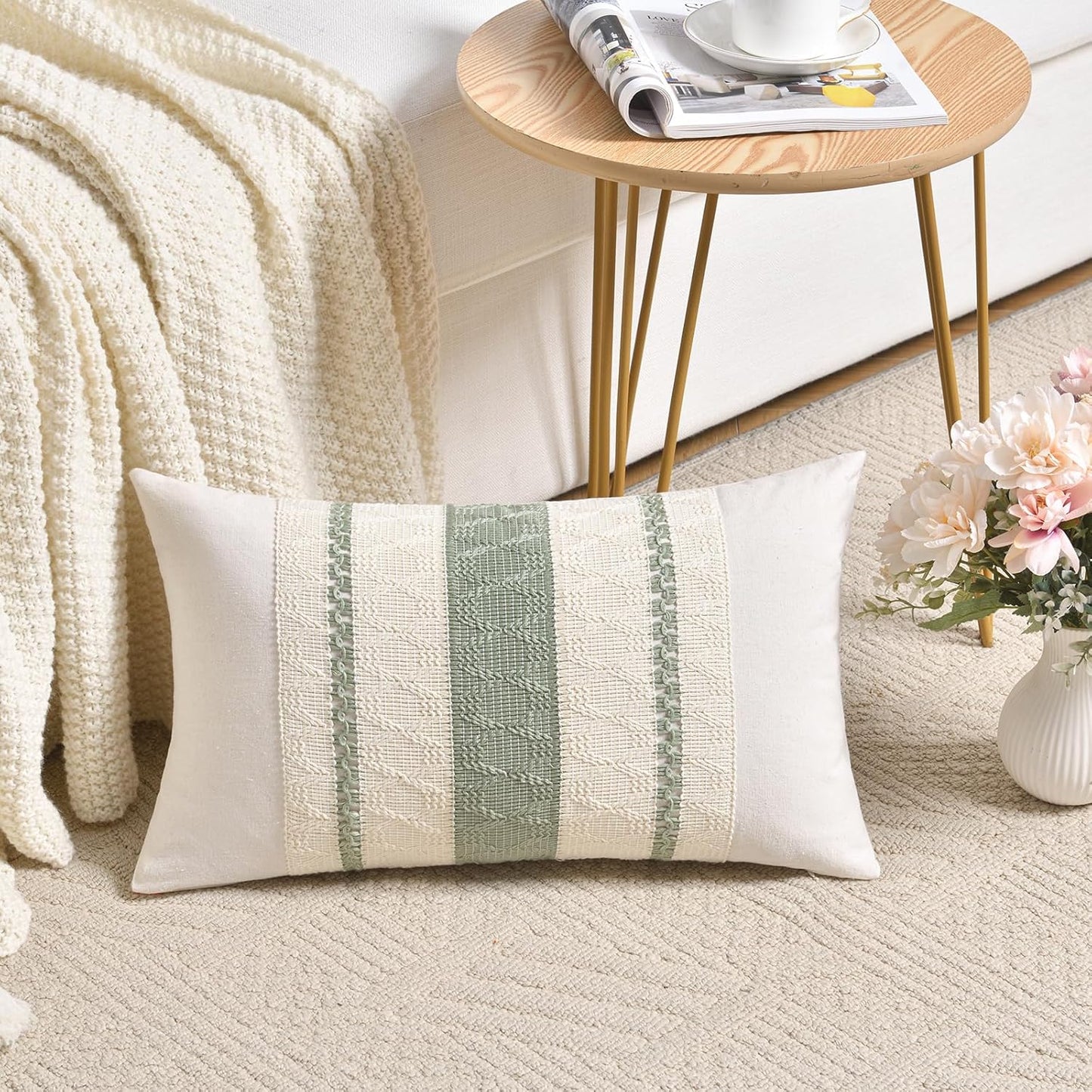 Fancy Homi Set of 2 Sage Green Boho Lumbar Decorative Throw Pillow Covers 12x24 Inch for Living Room Bedroom Couch Bed Chair, Rustic Retro Cushion Case, Bohemian Room Home Decor