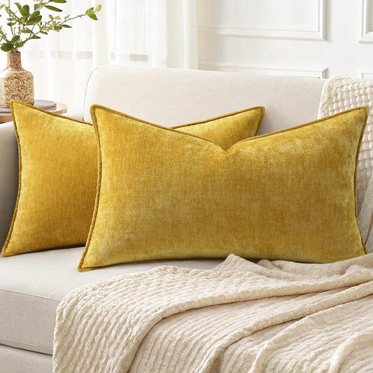decorUhome Couch Throw Pillow Covers 12x20 Set of 2, Decorative Soft Euro Neutral Chenille Lumbar Pillow Covers with Elegant Design for Sofa Bed Living Room Home Decor, Mineral Yellow
