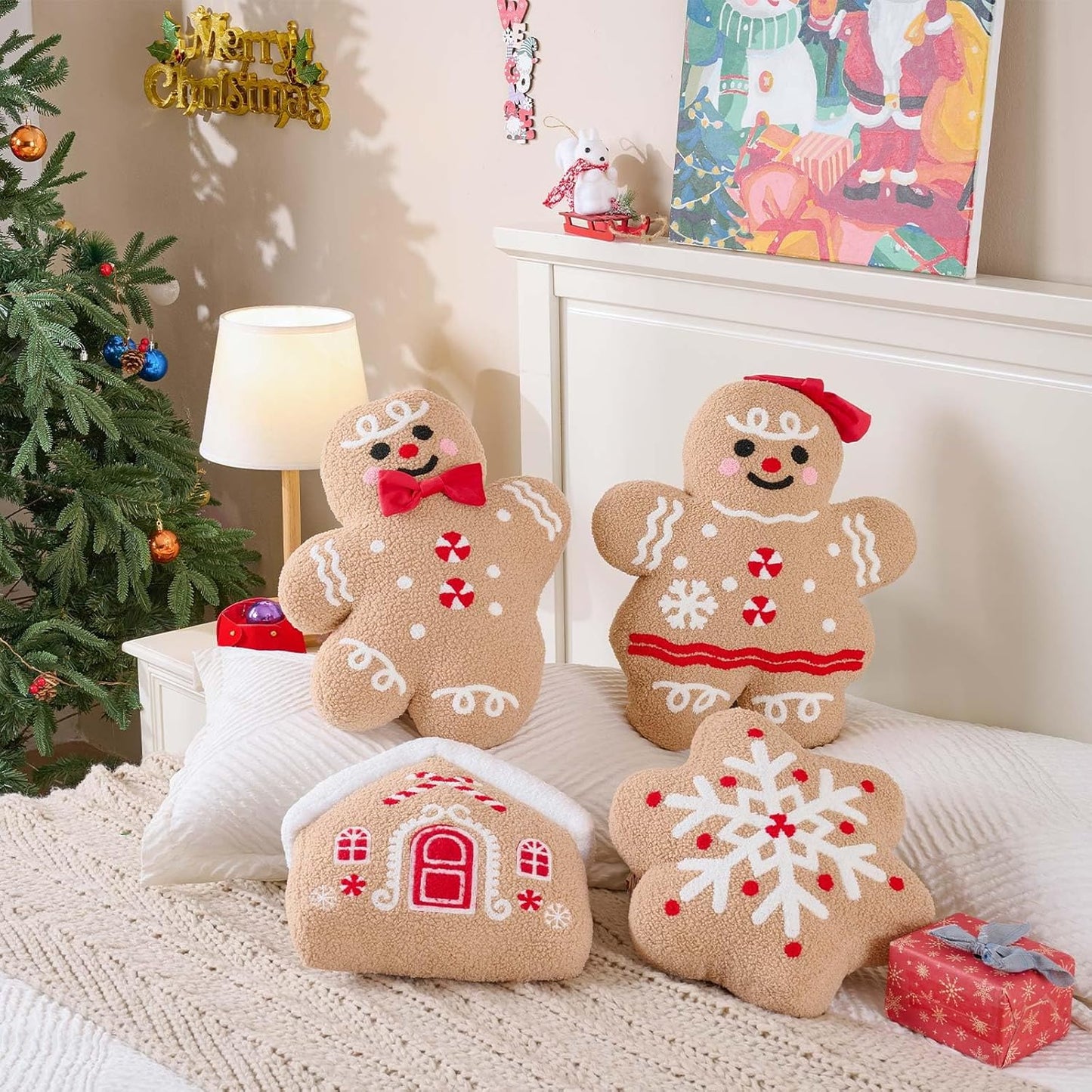 Lanpn Christmas Gingerbread Snowflake Pillows Set of 2, Christmas Decoration Winter Throw Pillows Soft 3D Shaped Ginger Bread Snow Flake Throw Cushion for Sofa Bedroom Xmas Decor (15x15 inch)