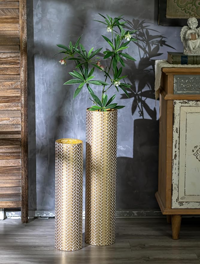Sziqiqi Tall Gold Floor Vase: Set of 2 Woven Texture Metal Cylinder Vases Extra Large Decorative Standing Vase - 27.6/21.7in Vintage Vases Home Decor for Living Room Bedroom Home Corner Indoor Office
