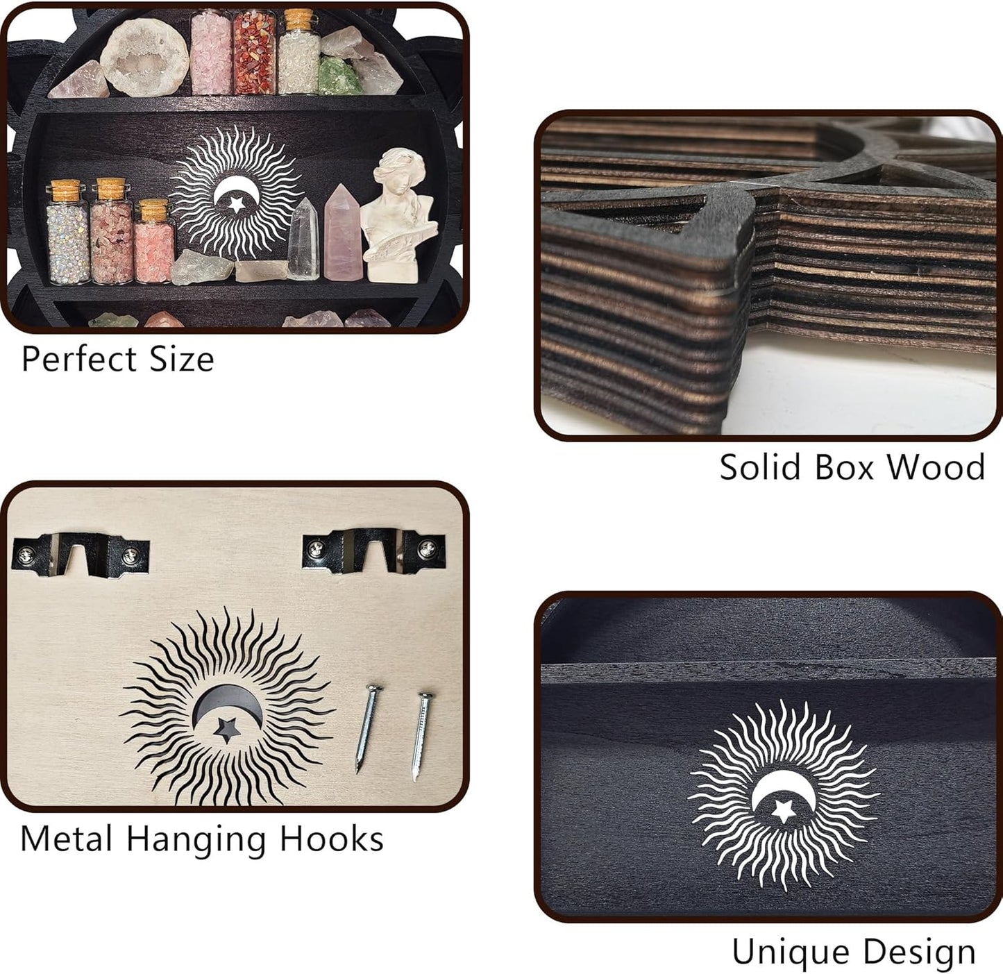 Crystal Shelf Display for Wall, Crystal Display Shelf Chakra Wooden Lotus Flower Crescent Moon Shelf Wall Decor, Decorative Home Floating Shelf Stone Storage Gem Holder Boho Hanging Organizer