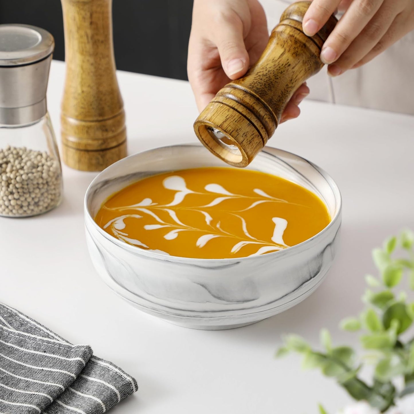 MALACASA Large Marble Grey Ceramic Soup & Salad Bowls Set of 2, 44 OZ (7"), Dishwasher & Microwave Safe, Series REGULAR