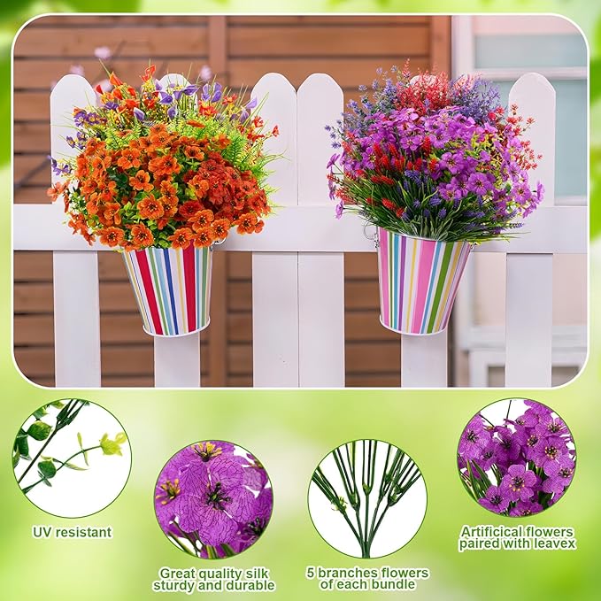 Zeyune 64 Bundles Faux Flowers Outdoors UV Resistant Artificial Plastic Flowers Plants Fake Realistic Eucalyptus Violet Lavender Plant Wildflower Bulk for Outside Yard Home Patio Garden Decor(Vivid)
