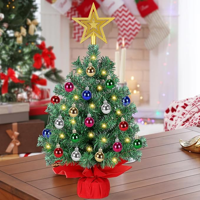 [ 8 Modes & Timer ] 24 Inch Tabletop Artificial Christmas Tree with 50 LED Lights, Star Treetop & 30 Christmas Ornament Battery Operated Small Christmas Tree Home Table Christmas Decorations