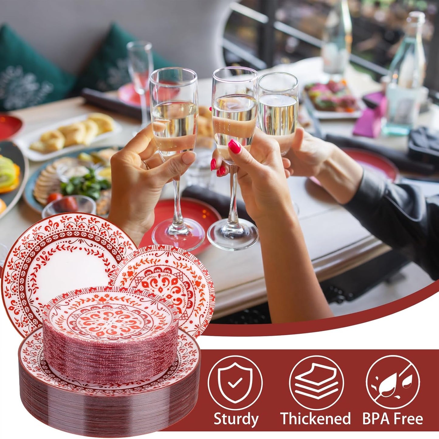 Hioasis 60pcs Red Plastic Plates Set - Floral Red & White Porcelain Design, 10.25" Dinner & 7.5" Dessert Plates Disposable for Wedding/Party (Dishwasher Safe, Traditional Style)