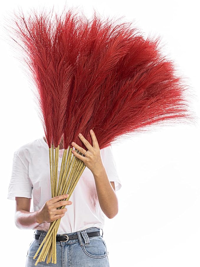38" 10 Stems Faux Pampas Grass Tall - Red Tall Pampas Grass Decor Pompas Floral Arrangement and Vase Filler for Boho Home Wedding Mothers Day Decoration