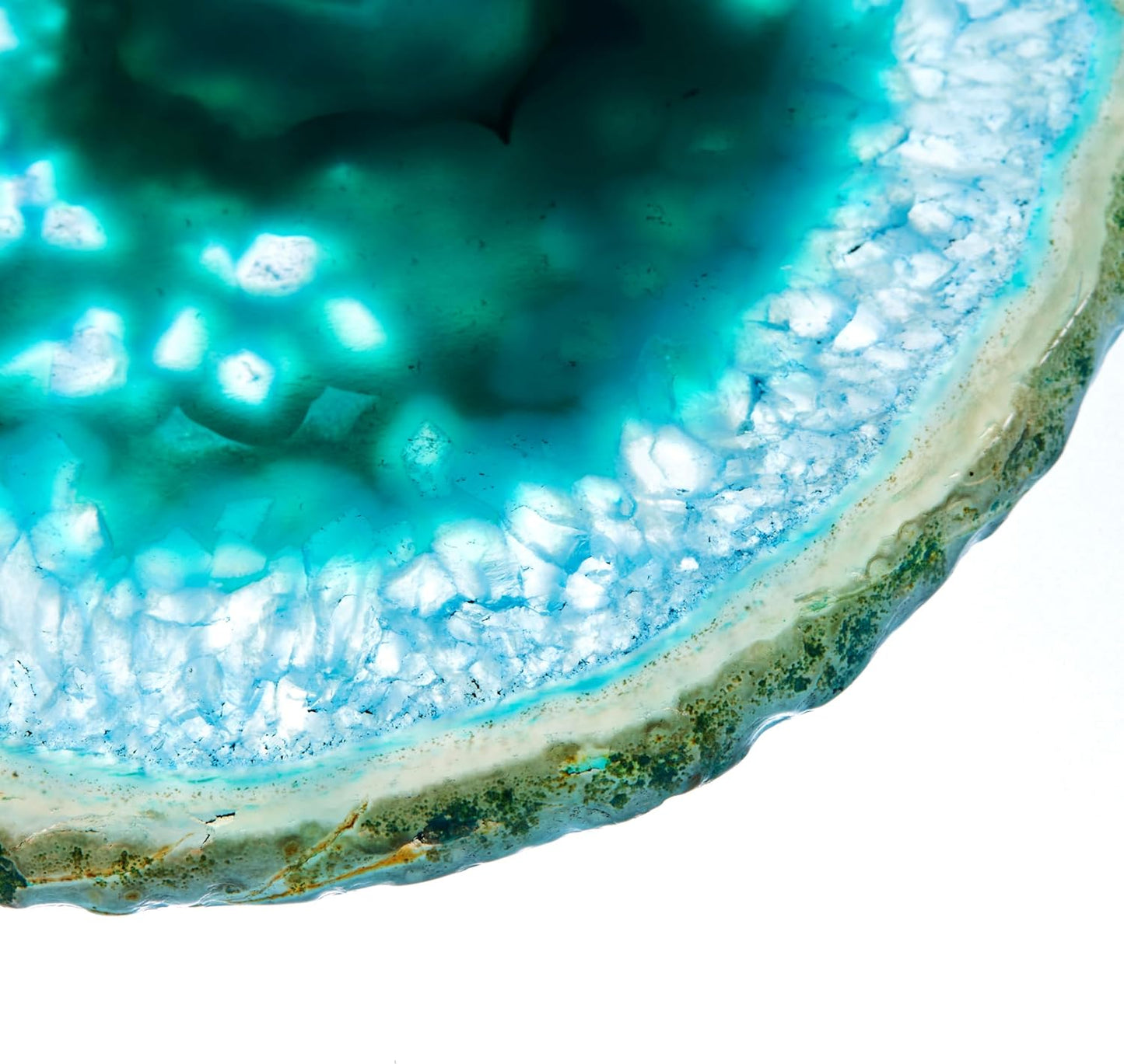 Luxury Lane Set of 4 Large Natural Brazilian Agate Slice Geode Rock Stone Drink Coasters with Wood Holder 4.3-4.7 inch Centerpiece Table Decoration, Teal