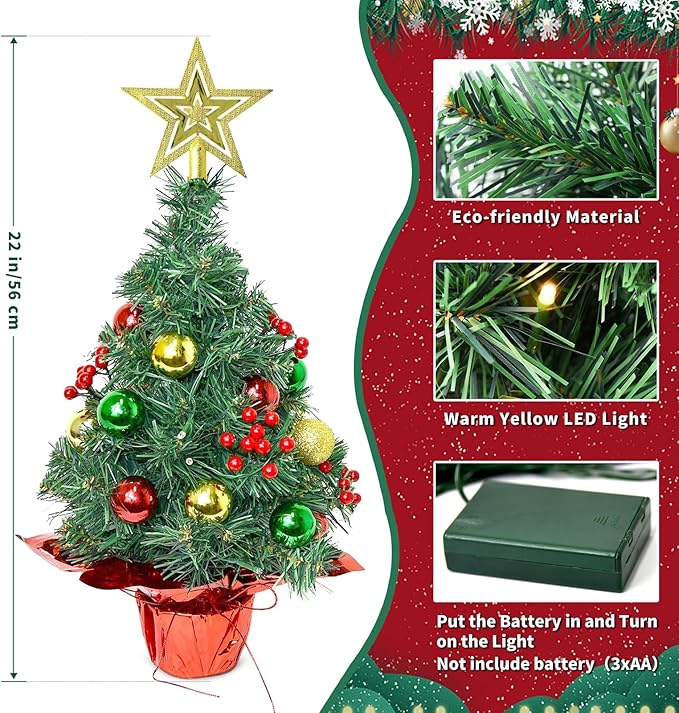 Tabletop Christmas Tree with LED String Lights,22In Pre-Decorated Mini Artificial Christmas Tree for Desktop,Star Treetop and Colored Oranments for Home Indoor Holiday Christmas Decoration-Yellow