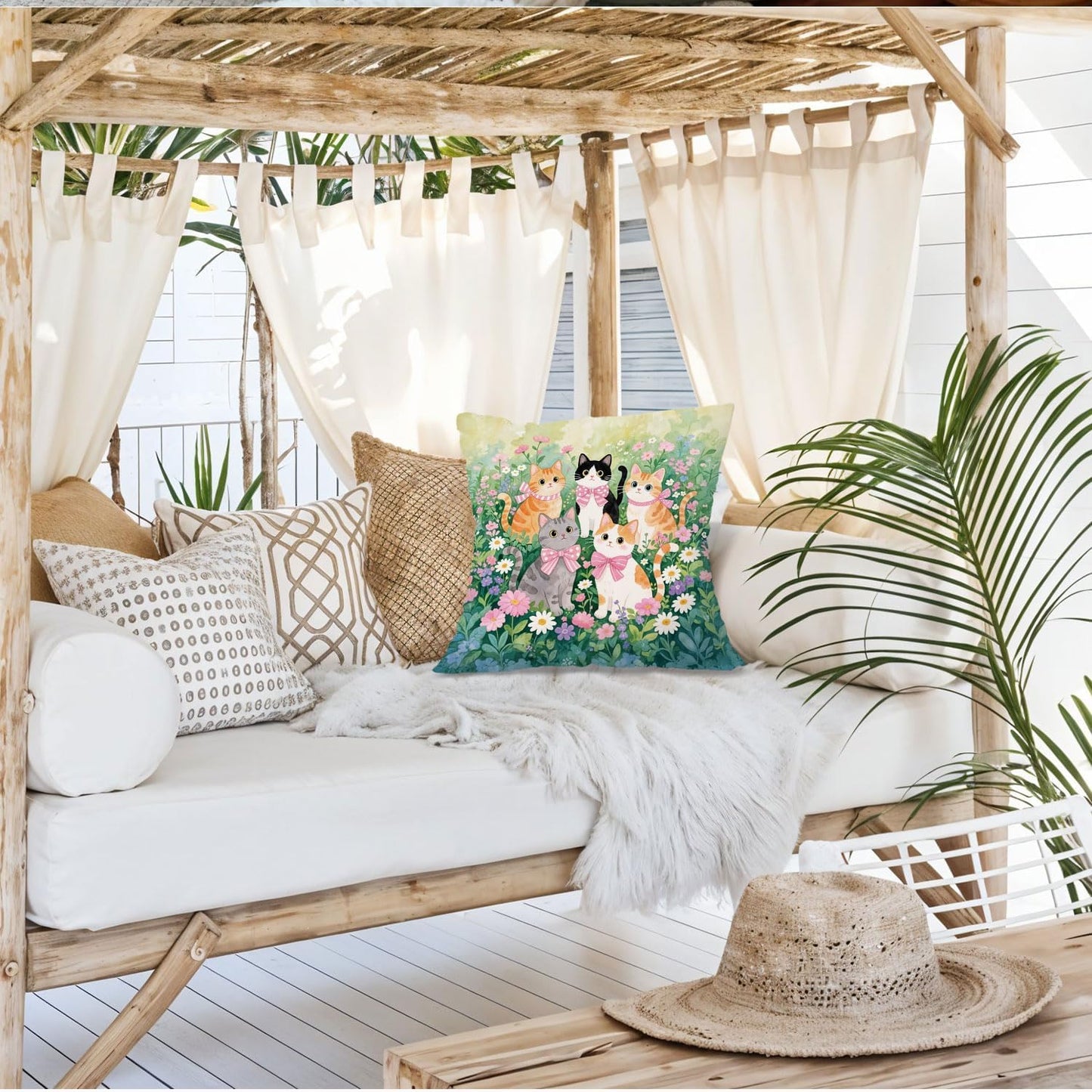 Coquette Pink Bow Cat Pillow Covers 18x18, Cat Room Decor, Cottagecore Wildflowers Cute Kitty Aesthetic Decorative Throw Pillow Covers Pillowcases for Bedroom Living Room Home Decor