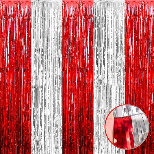 4 Pack Silver Red Foil Fringe Curtain Backdrop, 3.28Ft x 9.8Ft Metallic Tinsel Foil Fringe Streamers Curtains for Photo Booth, Wedding, Circus Welcome Carnival Birthday Party Decoration