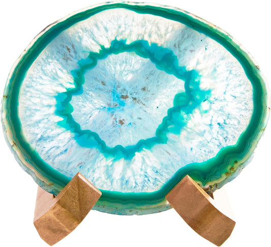 Luxury Lane Large Natural Brazilian Agate Slice Geode Rock Stone Drink Coaster with Wood Holder 4.7-5.5 inch Centerpiece Table Decoration, Teal