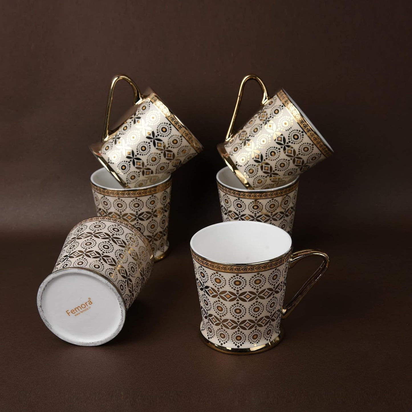 Handcrafted Ceramic Coffee Mugs Indian Golden Tea Cups Set of 6 (6 oz), Cappuccino Cups, Coffee Cups, White Tea Cup Set, British Coffee Cups, Porcelain Tea Set, Latte Cups, Espresso Mug.