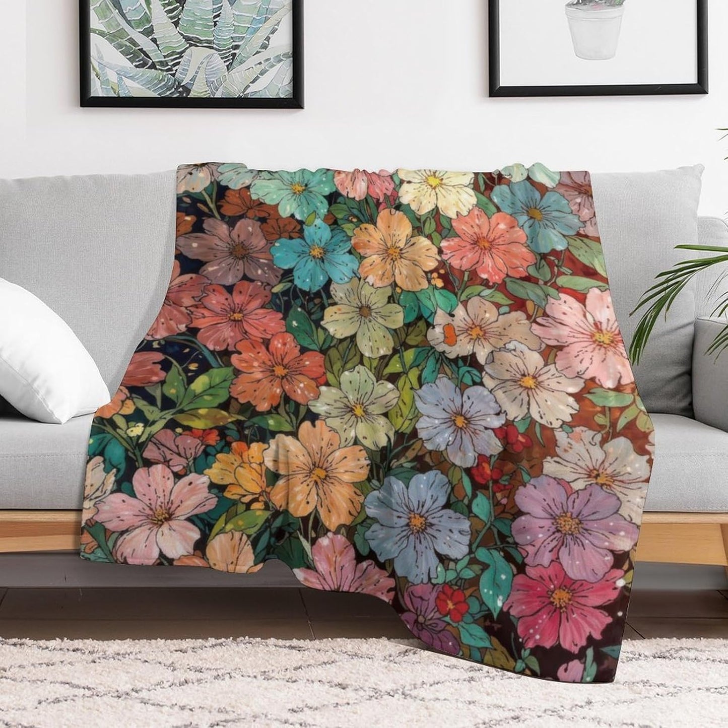 Colorful Floral Throw Blanket, Watercolor Wildflowers Fuzzy Blanket, Ultra Soft Cozy Flannel Throw Blankets Lightweight Fleece Blankets for Bed Couch Sofa 60"×80"
