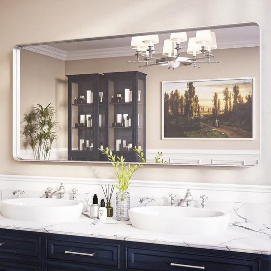 ISKM Large Sliver Metal Framed Bathroom Mirror for Wall, 60 x 28 Inch Large Vanity Mirror Wall Mounted Farmhouse Decorative for Living Room Entryway (Horizontal/Vertical)