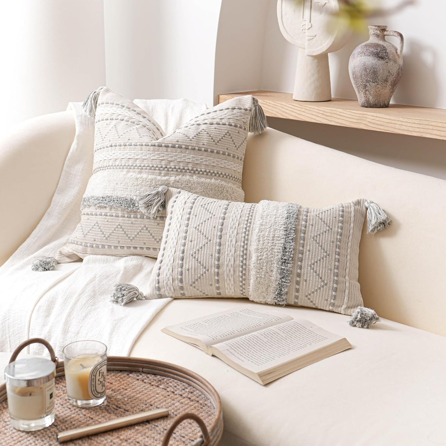 BlissBlush Gray Decorative Throw Pillow Cover 18x18 Square Boho Neutral White Accent Pillowcase Tassels Farmhouse Cushion for Couch Sofa Bedroom Living Room Home Décor (Cover ONLY, Pack of 1)