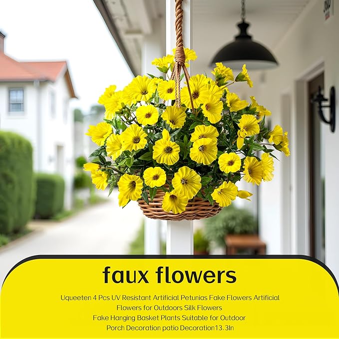 UV Resistant Artificial Petunias 4PCS Fake Flowers 13.3In Artificial Flowers for Outdoors Silk Flowers Fake Hanging Basket Plants Suitable for Outdoor Porch Decoration Patio Decor (Yellow)