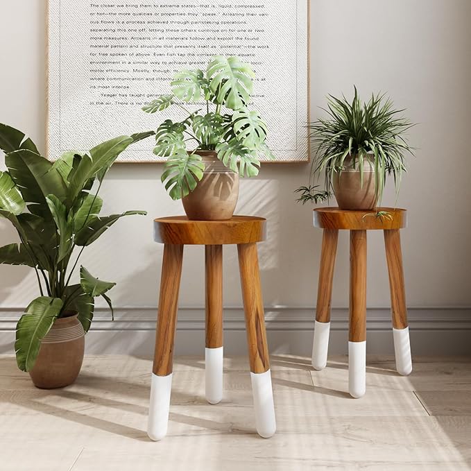 Teak 11.8" Round Dip Dyed Teak Stool | Wood Accent Side Table | Wood Plant Stand (20" Tall White)
