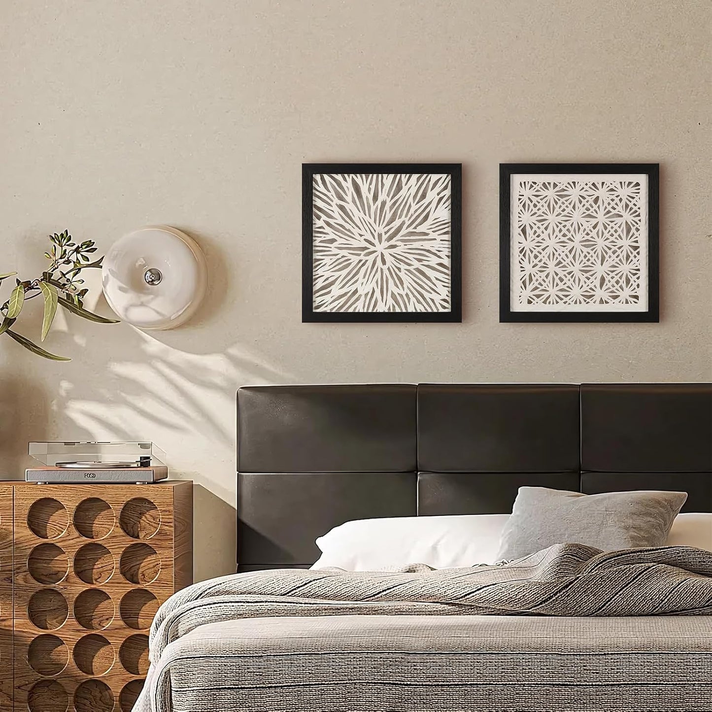 FOLKOR Framed Wall Art Black and White for Rustic Farmhouse Home Decor, 12" Rice Paper Neutral Wall Art Hanging Sculpture, Abstract Floral Artwork for Entryway Fireplace Above Bed Tv Accent