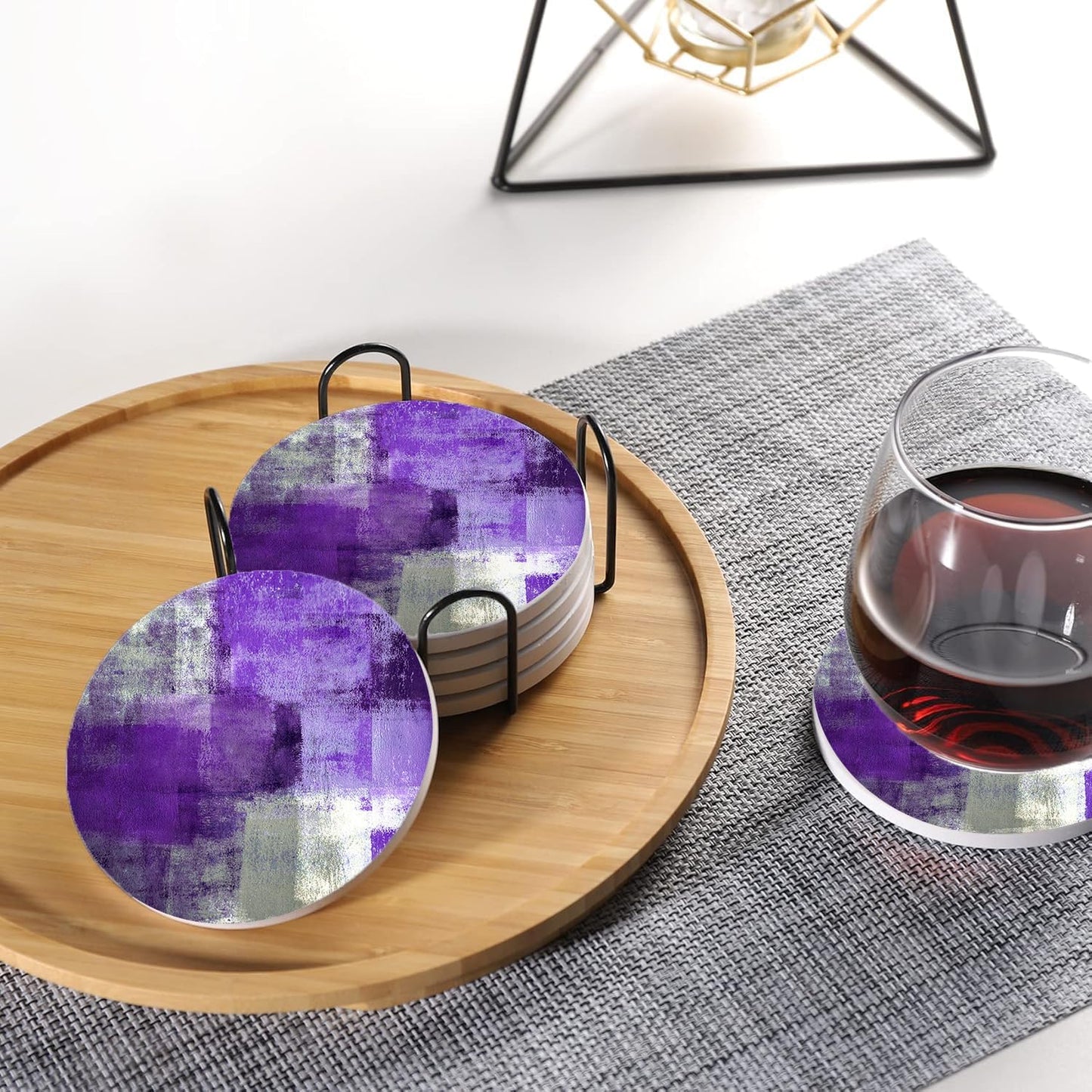 LOKMU Coasters for Drinks,Round Absorbent Ceramic Stone Coaster Sets of 6 with Metal Holder Stand,Purple and Grey Abstract Art Coasters with Cork Base for Coffee Wooden Table,Housewarming Gifts