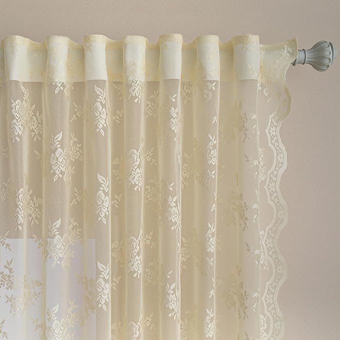 MEETSKY Lace Sheer Curtains 84 Inch Long 2 Panels Set Vintage French Victorian Spring Floral Pattern Design Light Filtering Back Tab Rod Pocket Drapes for Living Room, 50" W Each Panel, Light Yellow