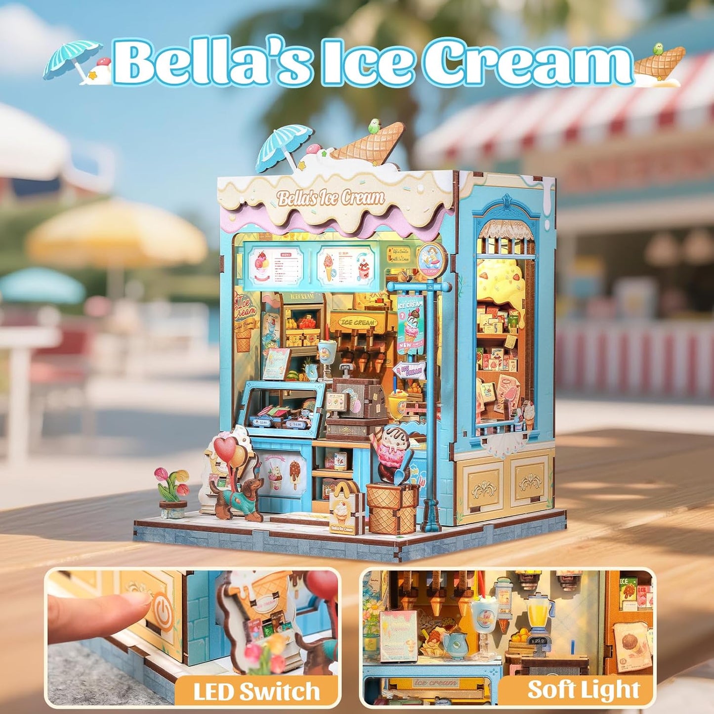 CUTEBEE Book Nook Kit - DIY Miniature House Dollhouse Kit for Adults and Teens, Booknook Tiny House Ice Cream Shop Bookshelf Decor 3D Wooden Puzzle, Gifts for Family, Friends (Bella's Ice Cream)