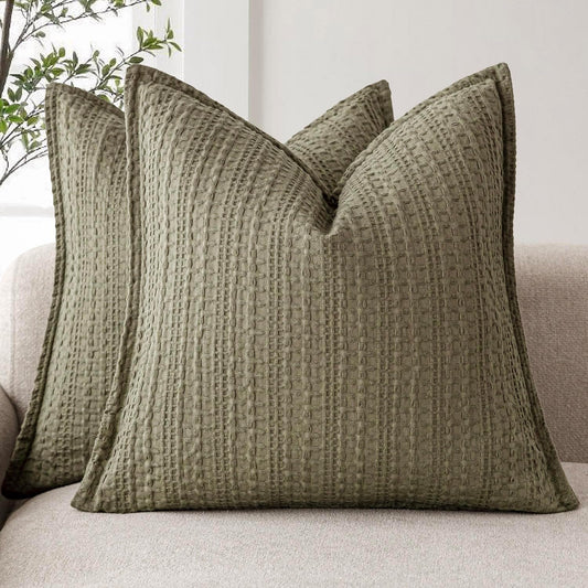 Foindtower Set of 2 Decorative Cotton Waffle Weave Throw Pillow Covers Euro Shams Cushion Covers Accent European Pillowcase for Bed Couch Sofa Bedroom Living Room Home Decor 24×24 Inch Olive Green