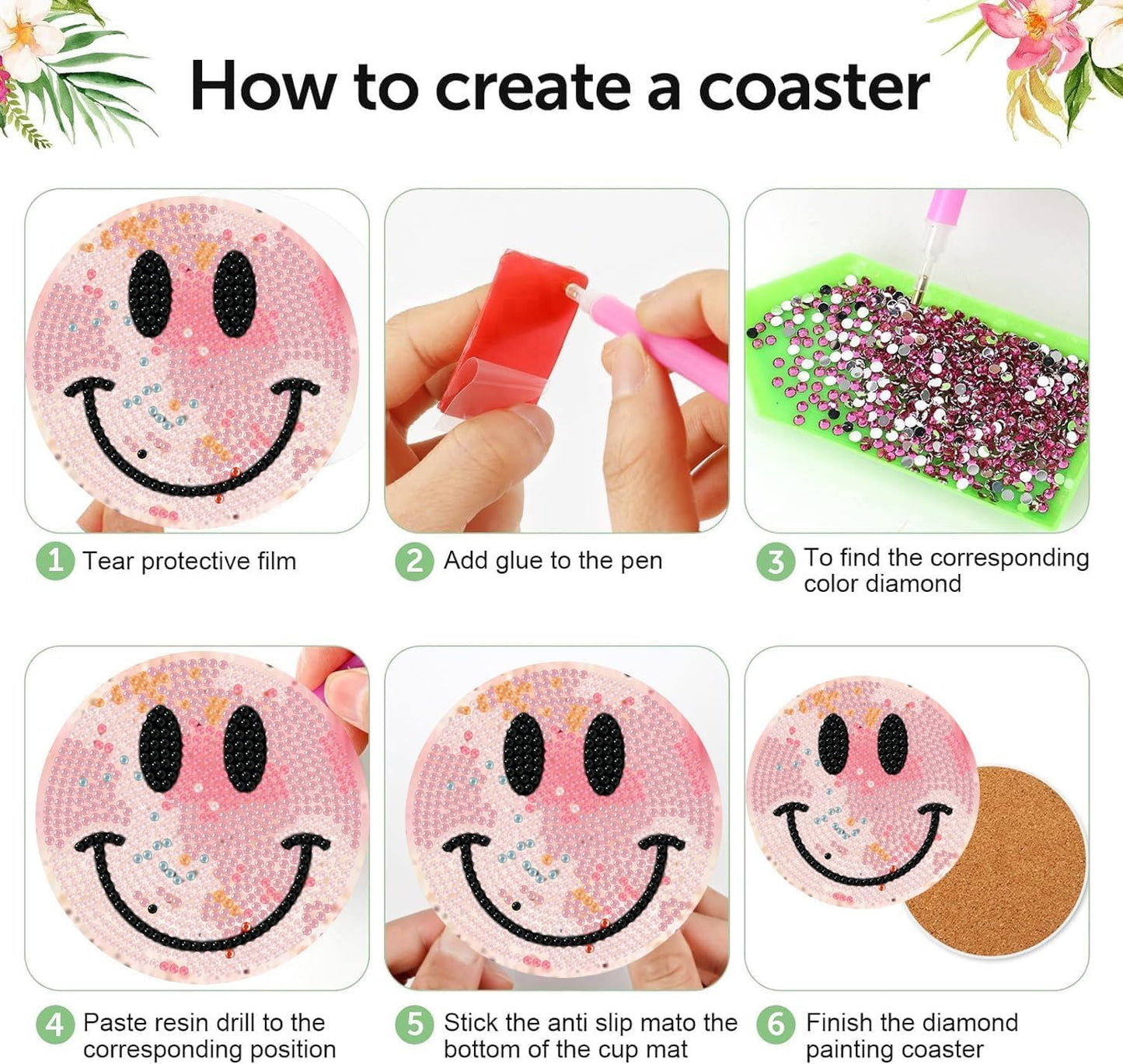 Meothan 8 Pcs Diamond Art Coasters Kits for Adults with Holder Cork Pads, Smile Face Diamond Dots Art Painting Coasters Crafts Kit for Home Office Decor (4x4in)