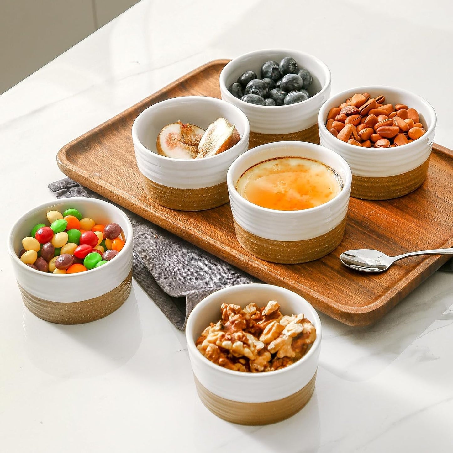 Hasense Ramekins, 6 oz Stoneware Ramekin Oven Safe Set of 6, Mini Ramekins Bowls for Dipping, Brulee, Custard, Farmhouse White Wedding Gift